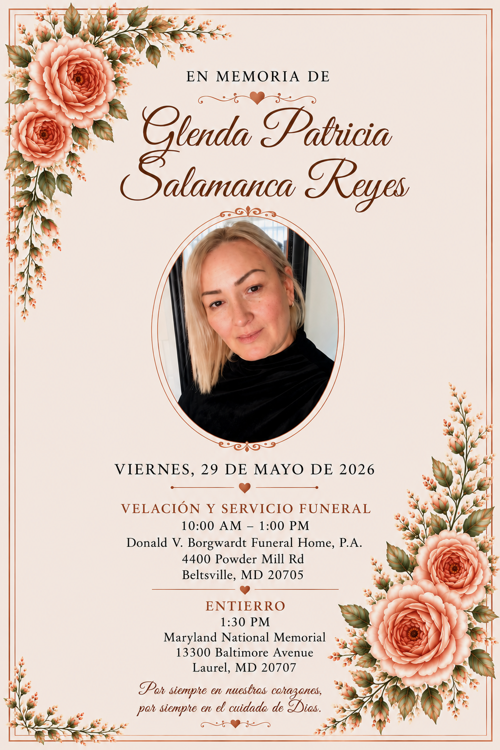 Memorial card for Glenda Patricia Salamanca Reyes
